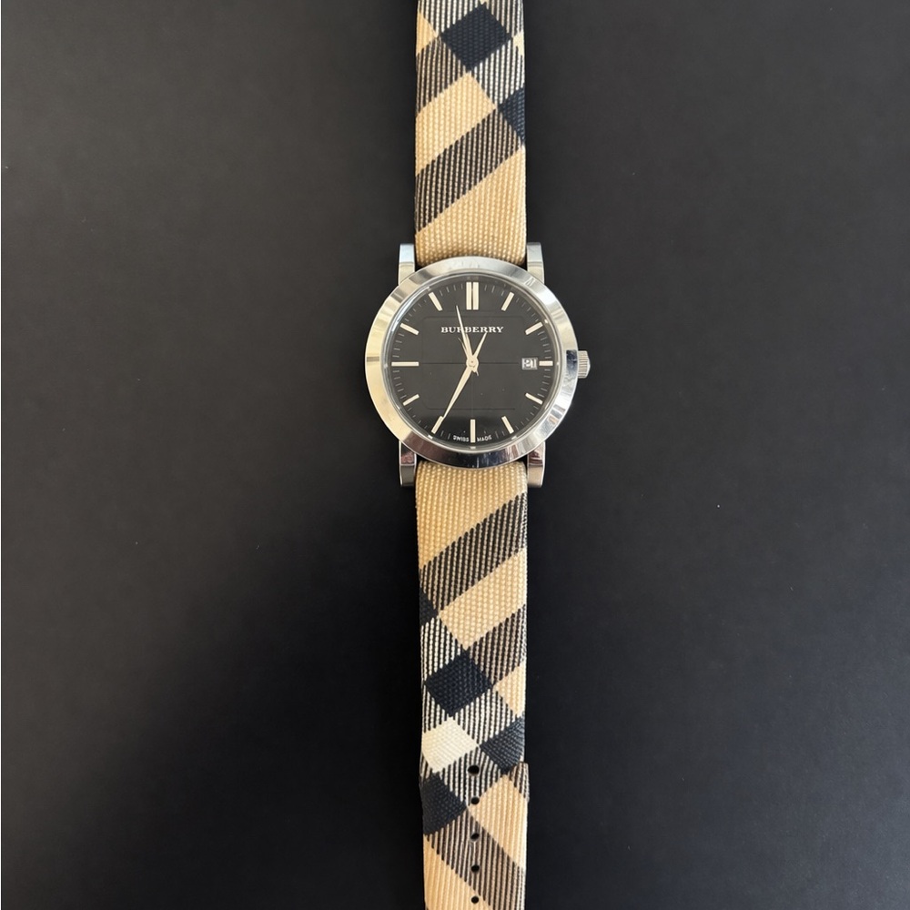 Burberry Black Dial Watch with Beige & Black Plaid Strap